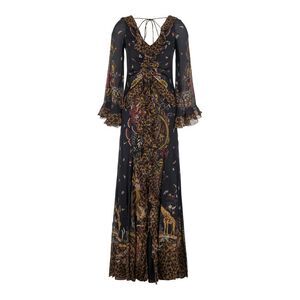 Etro Women Brown Long Dress With V-Neck And Ruffled Sleeves In Tech Fabric Women